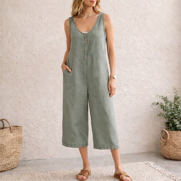 C&C California Pants - C&C California 100% Linen Sage Green Button Front Jumpsuit Small Coastal Resort